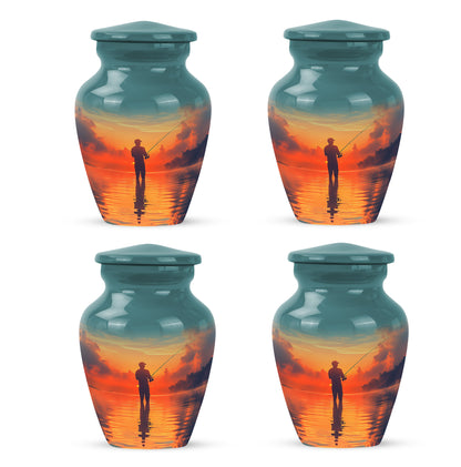 Ocean Teal Fishing Cremation Urn side profile showing urn shape - timeless fishing motif etched into premium metal - 10 inch aluminum urn for cremated remains