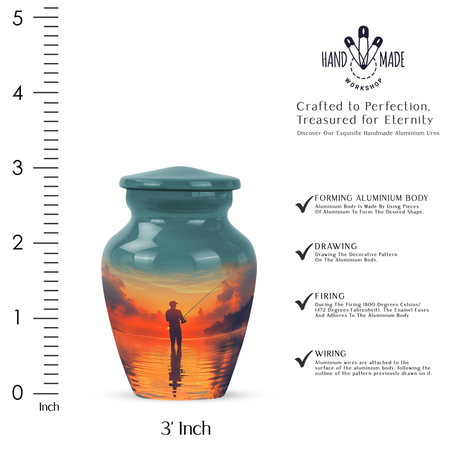 Cool Teal Fishing Cremation Urn close-up of engraving and surface detail - classic sculpted fishing pattern on smooth aluminum - mini keepsake memorial for portion of cremation ashes