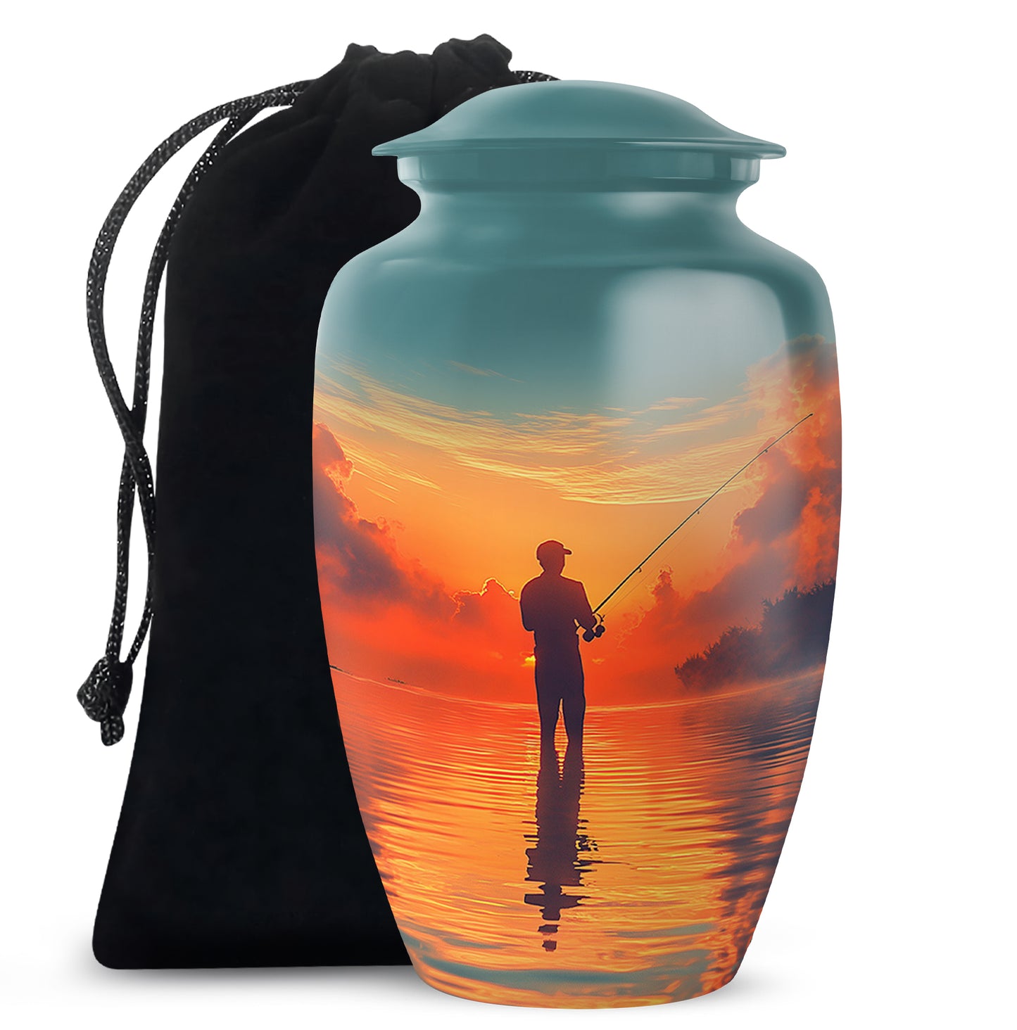 Ocean Teal Fishing Cremation Urn angled view of lid and engraved motif - timeless fishing motif etched into premium metal - full-size 10 inch 200 cubic inch adult cremation urn