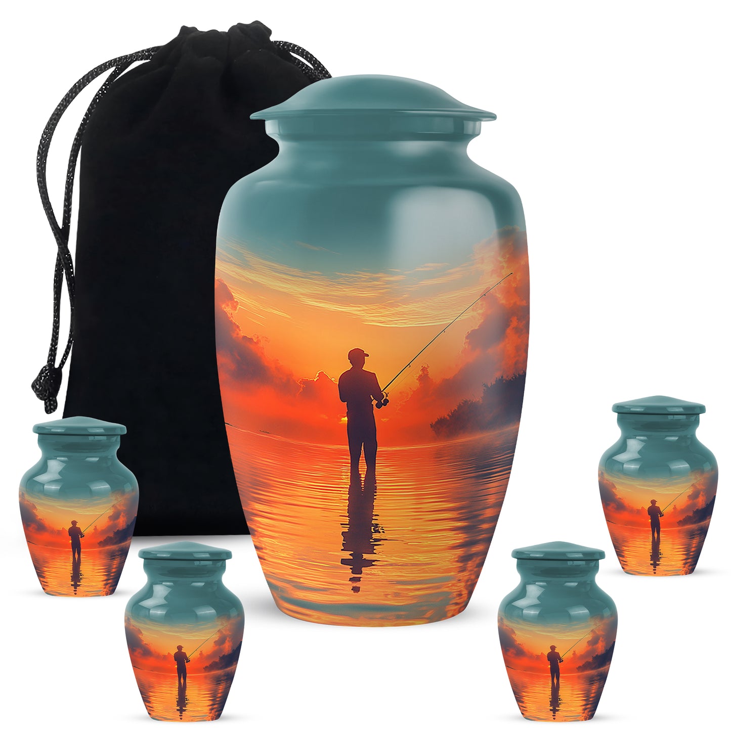 Jewel Teal Fishing Cremation Urn top-down view of secure threaded lid - timeless fishing motif etched into premium metal - memorial set with one large and four small urns