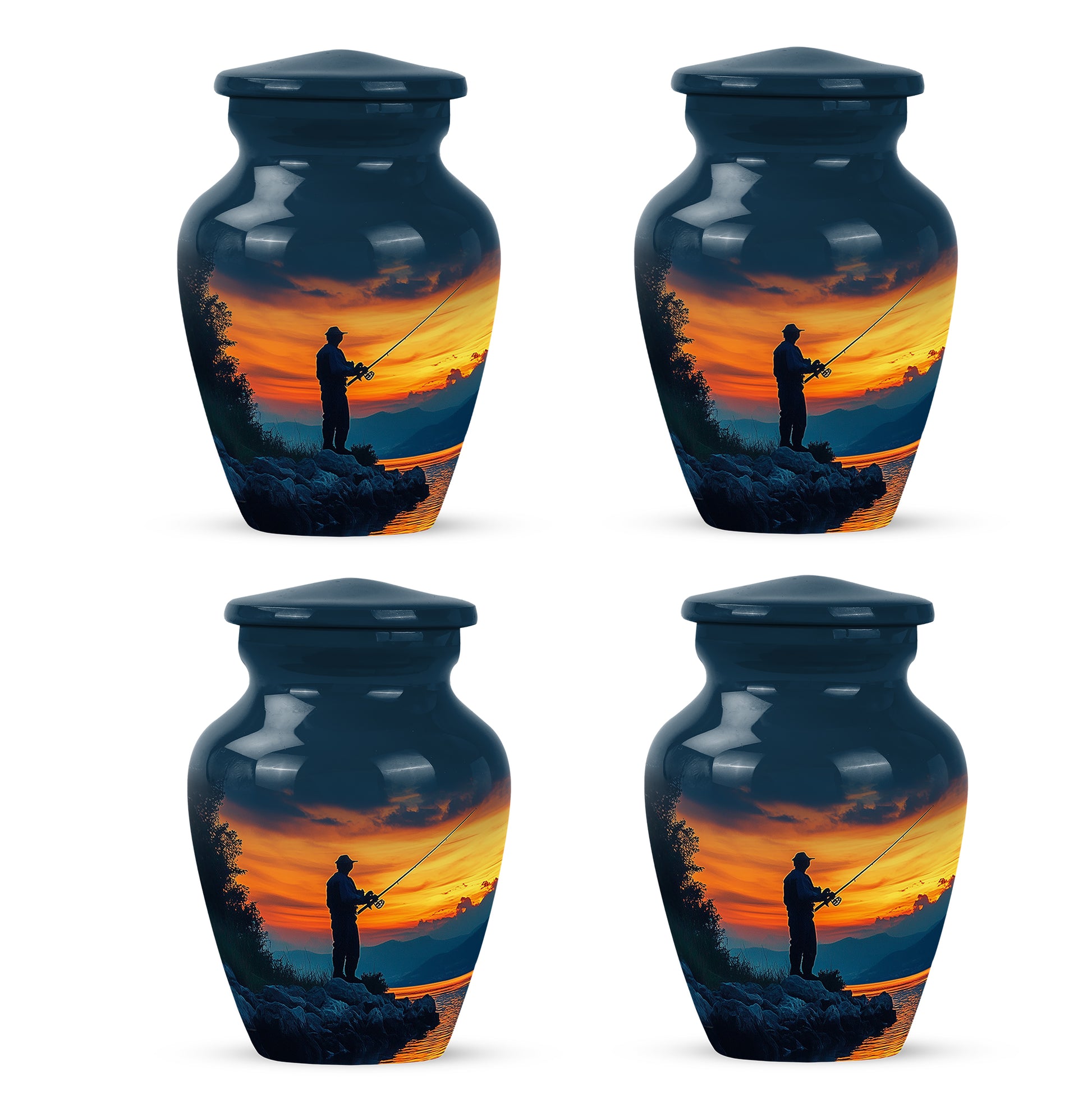 Navy Blue Fishing Cremation Urn side profile showing urn shape - classic sculpted fishing pattern on smooth aluminum - 10 inch aluminum urn for cremated remains