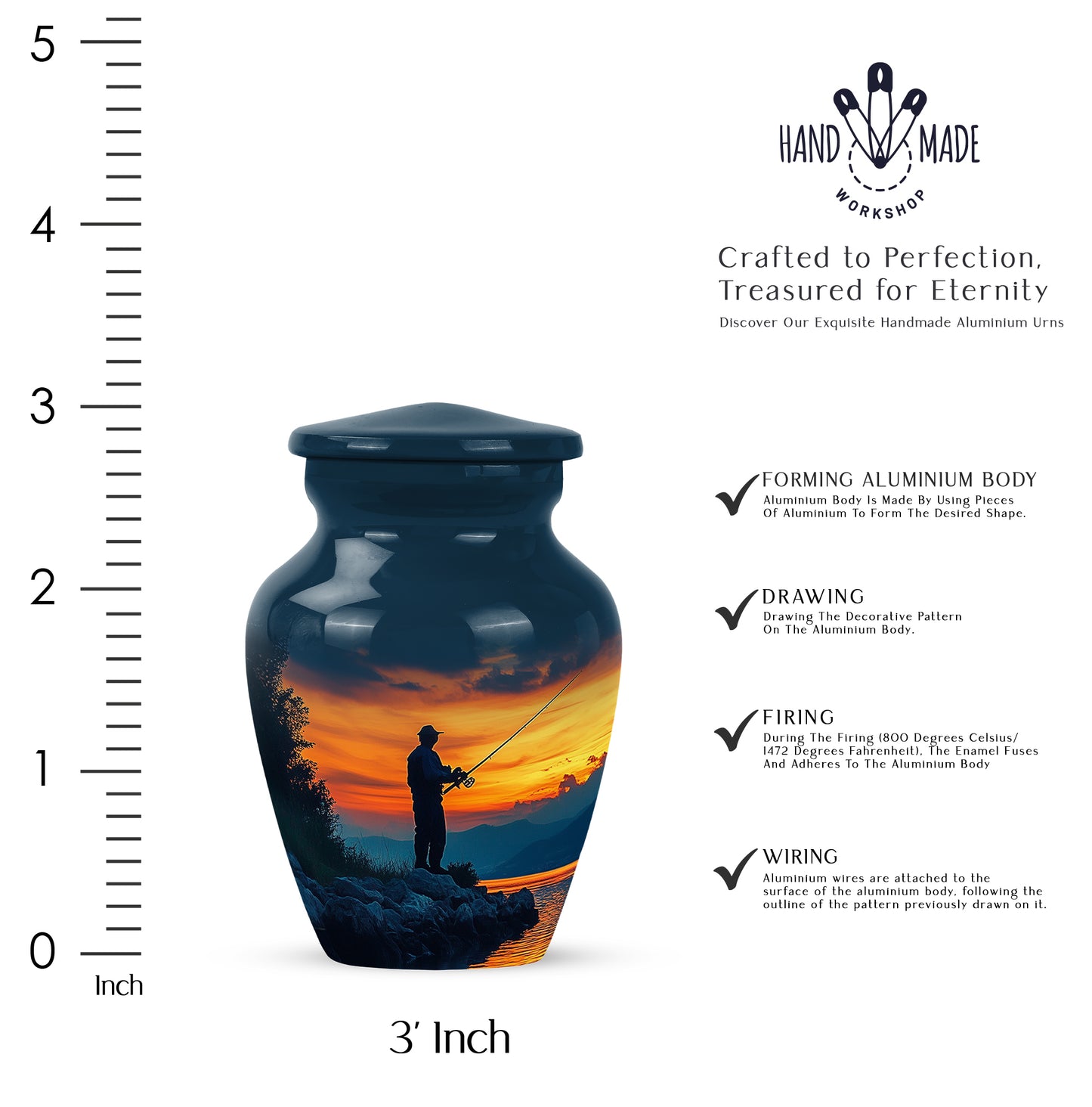 Sapphire Blue Fishing Cremation Urn close-up of engraving and surface detail - elegant classic fishing relief with fine detailing - mini keepsake memorial for portion of cremation ashes