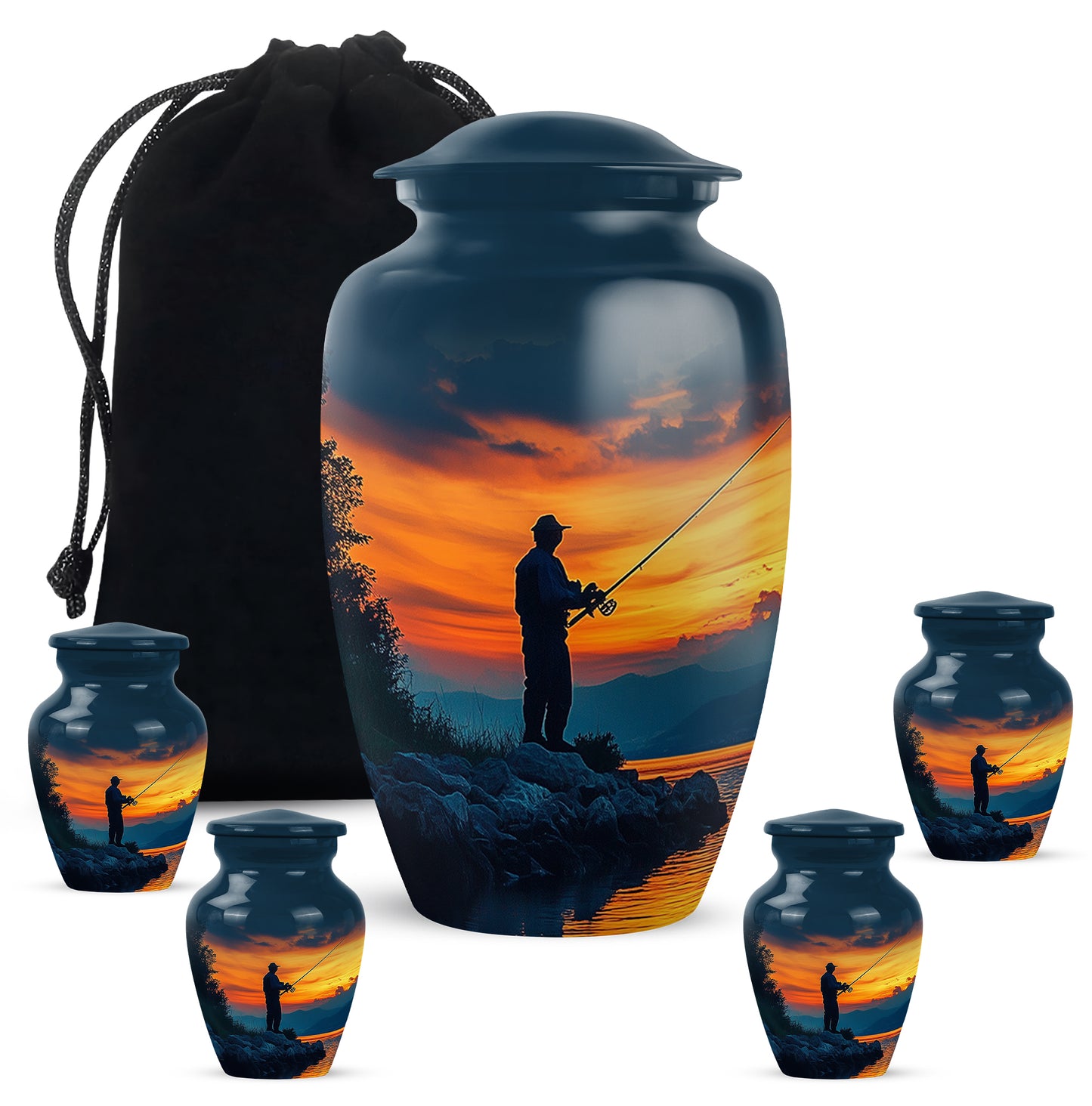 Sky Blue Fishing Cremation Urn top-down view of secure threaded lid - classic sculpted fishing pattern on smooth aluminum - memorial set with one large and four small urns