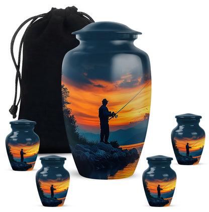 Sky Blue Fishing Cremation Urn top-down view of secure threaded lid - classic sculpted fishing pattern on smooth aluminum - memorial set with one large and four small urns