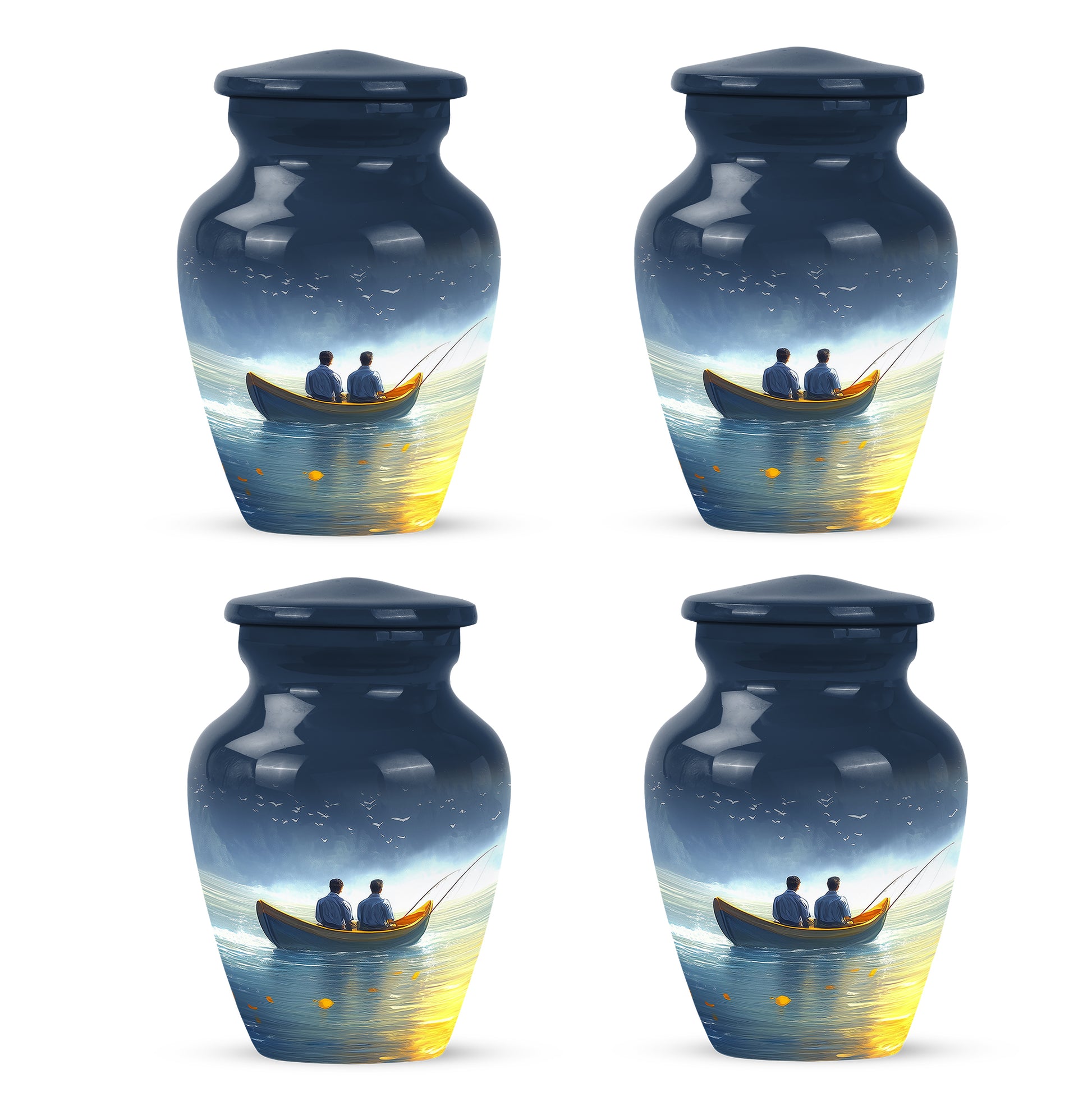 Royal Blue Fishing Cremation Urn side profile showing urn shape - traditional fishing engraving with hand-polished finish - 10 inch aluminum urn for cremated remains