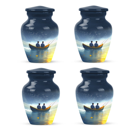 Royal Blue Fishing Cremation Urn side profile showing urn shape - traditional fishing engraving with hand-polished finish - 10 inch aluminum urn for cremated remains
