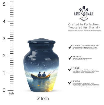 Sapphire Blue Fishing Cremation Urn close-up of engraving and surface detail - elegant classic fishing relief with fine detailing - mini keepsake memorial for portion of cremation ashes
