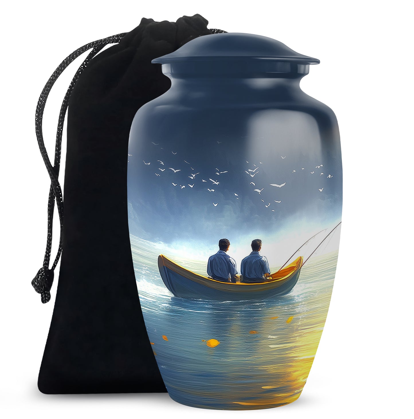 Bright Blue Fishing Cremation Urn angled view of lid and engraved motif - traditional fishing engraving with hand-polished finish - full-size 10 inch 200 cubic inch adult cremation urn