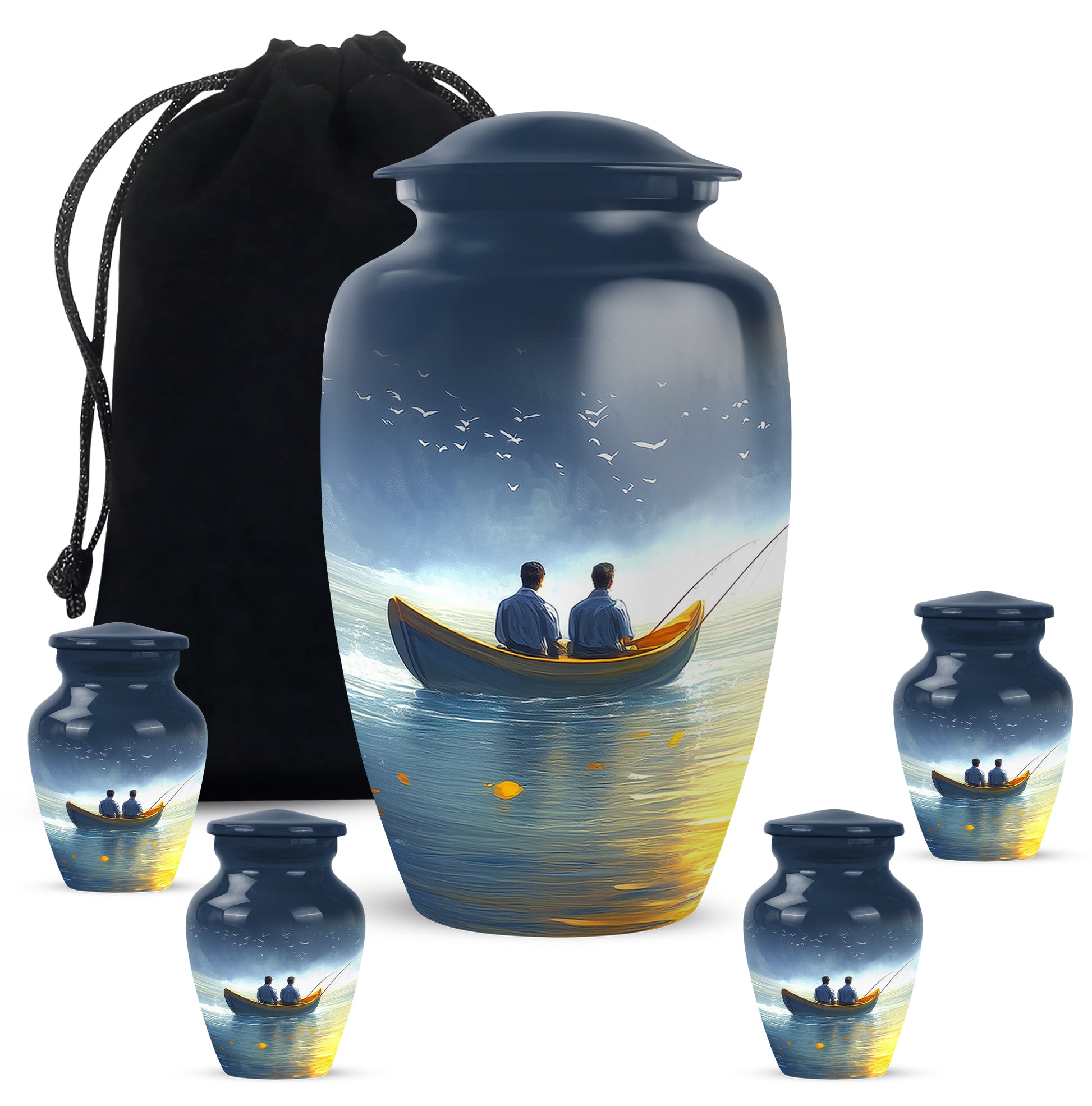 Twilight Blue Fishing Cremation Urn top-down view of secure threaded lid - elegant classic fishing relief with fine detailing - memorial set with one large and four small urns