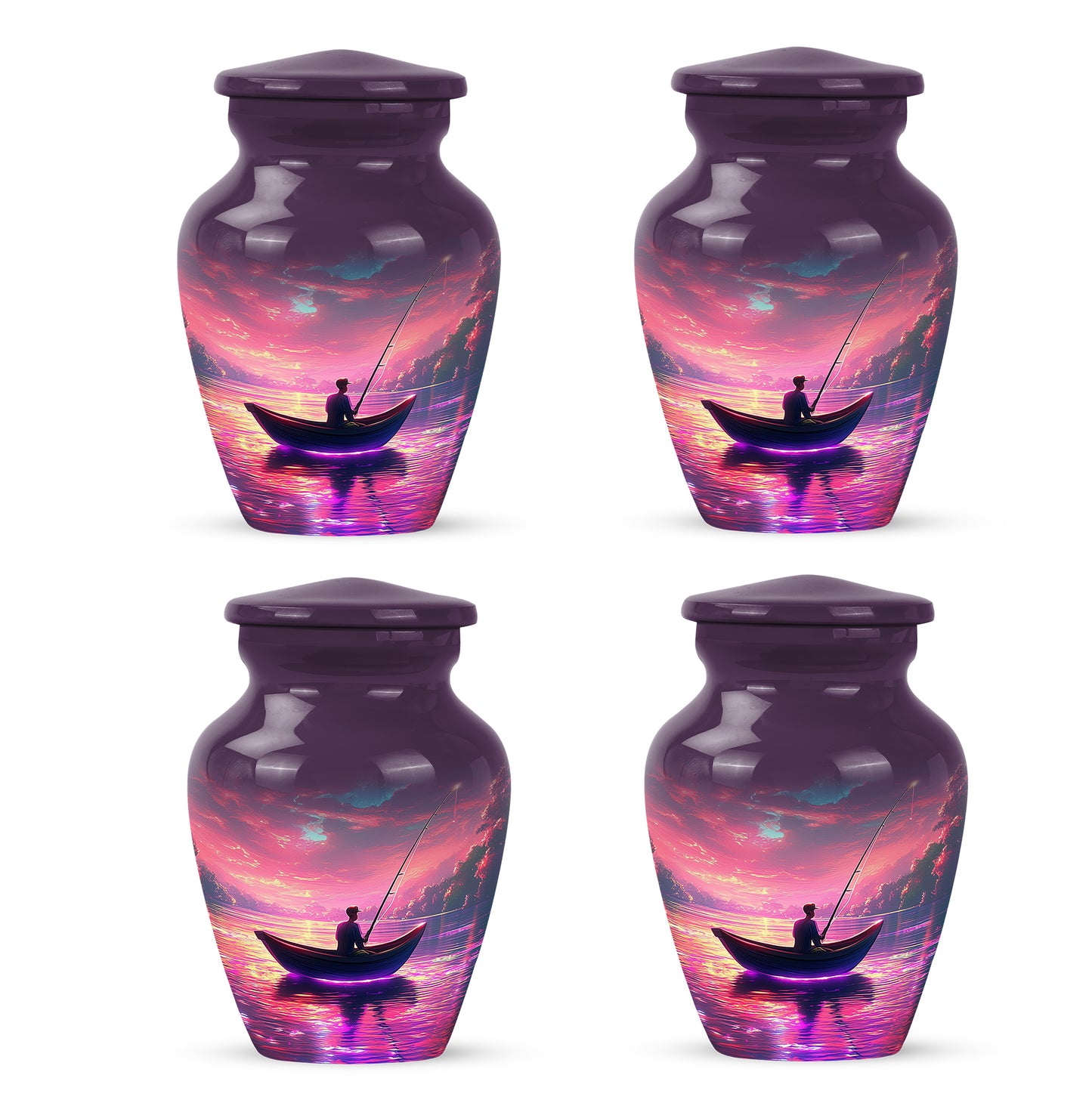 Soft Pink Fishing Cremation Urn side profile showing urn shape - elegant classic fishing relief with fine detailing - 10 inch aluminum urn for cremated remains