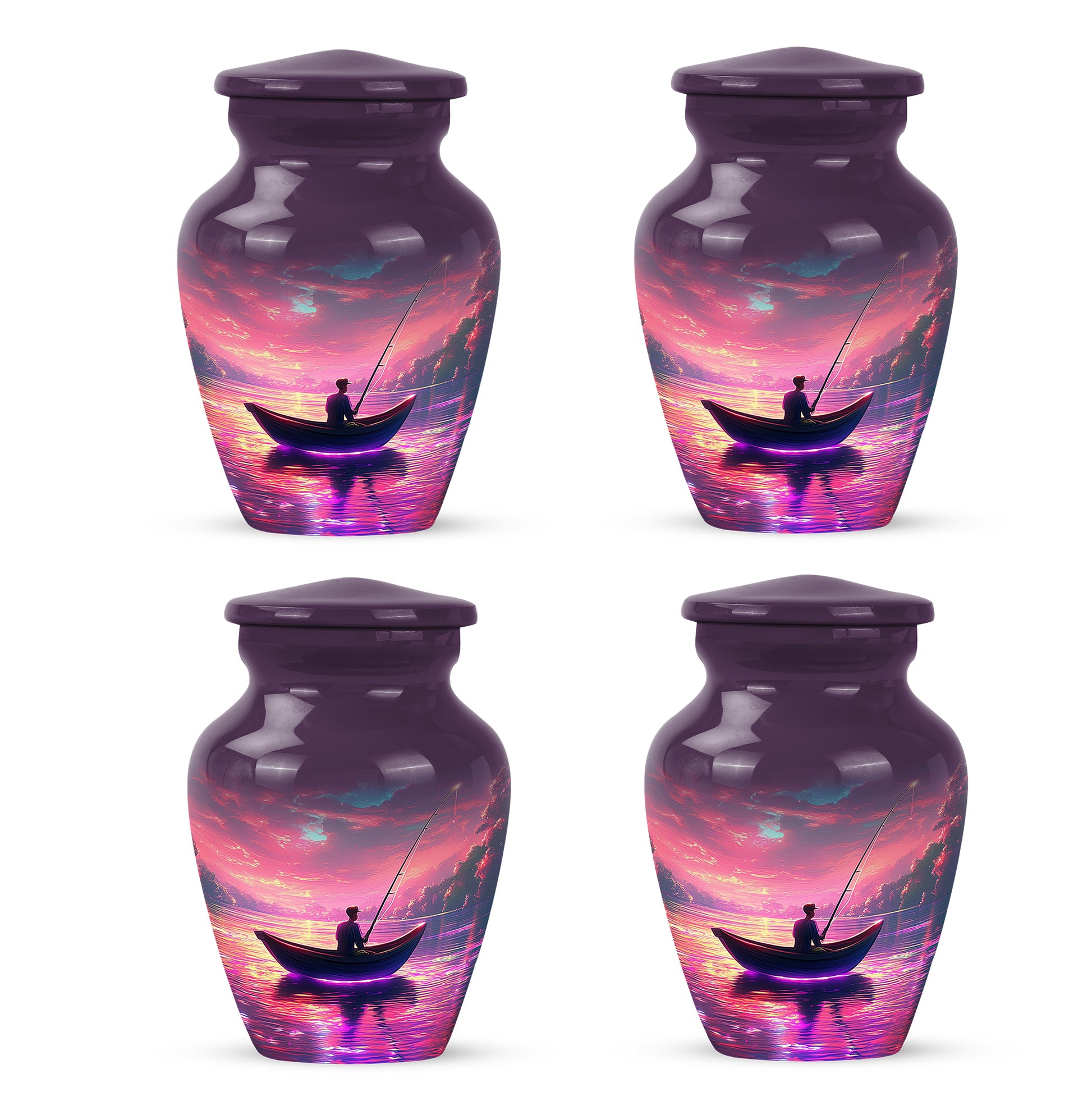 Soft Pink Fishing Cremation Urn side profile showing urn shape - elegant classic fishing relief with fine detailing - 10 inch aluminum urn for cremated remains