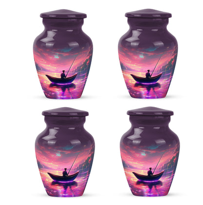 Soft Pink Fishing Cremation Urn side profile showing urn shape - elegant classic fishing relief with fine detailing - 10 inch aluminum urn for cremated remains