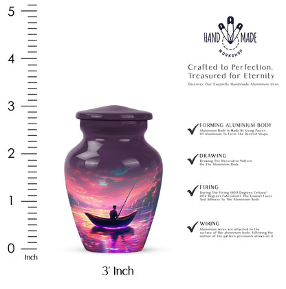 Rose Pink Fishing Cremation Urn close-up of engraving and surface detail - timeless fishing motif etched into premium metal - mini keepsake memorial for portion of cremation ashes