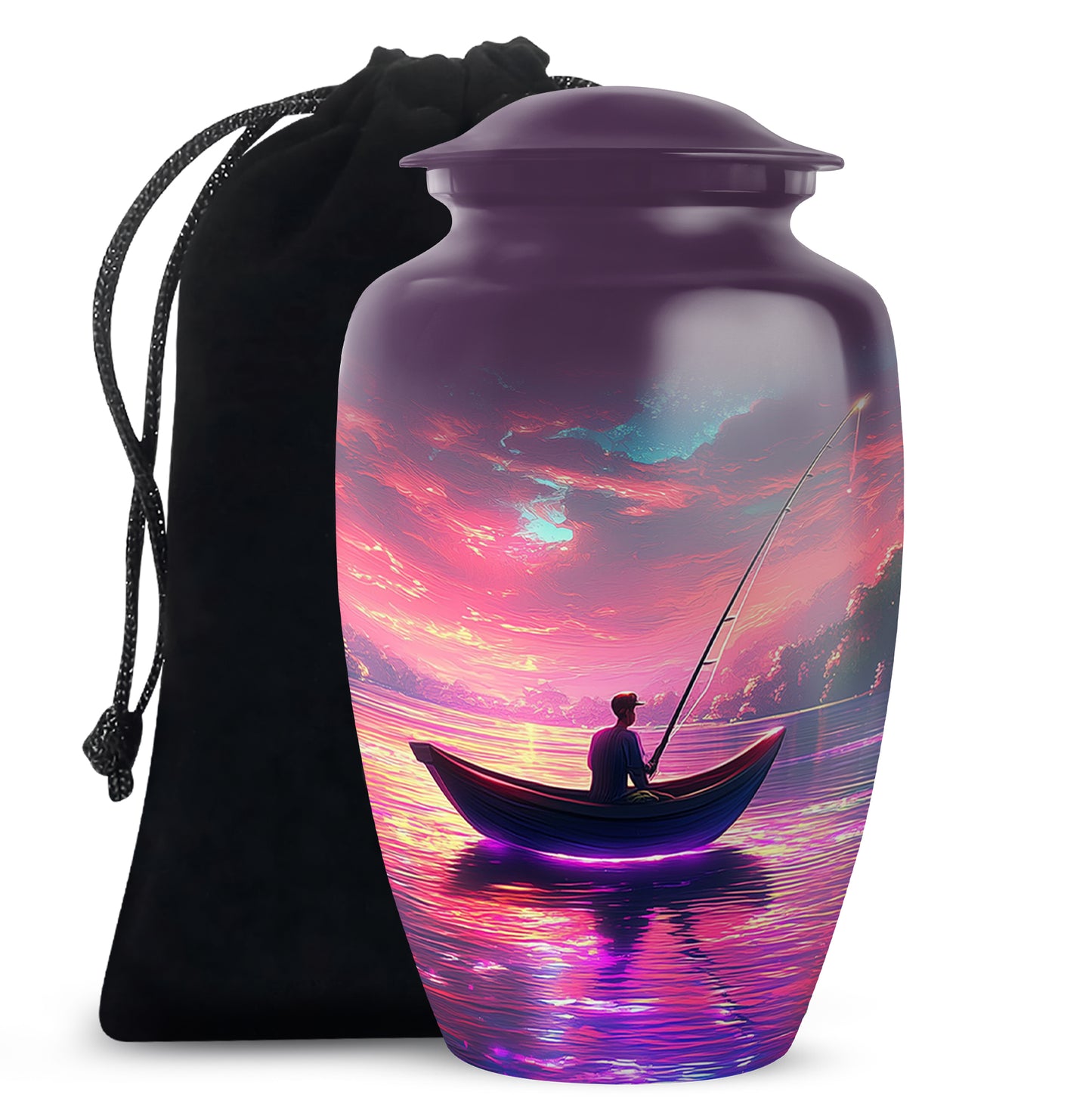 Pastel Pink Fishing Cremation Urn angled view of lid and engraved motif - timeless fishing motif etched into premium metal - full-size 10 inch 200 cubic inch adult cremation urn