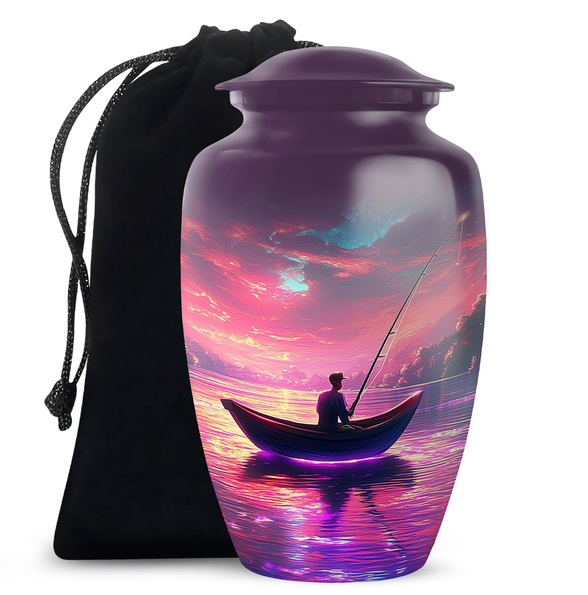 Pastel Pink Fishing Cremation Urn angled view of lid and engraved motif - timeless fishing motif etched into premium metal - full-size 10 inch 200 cubic inch adult cremation urn
