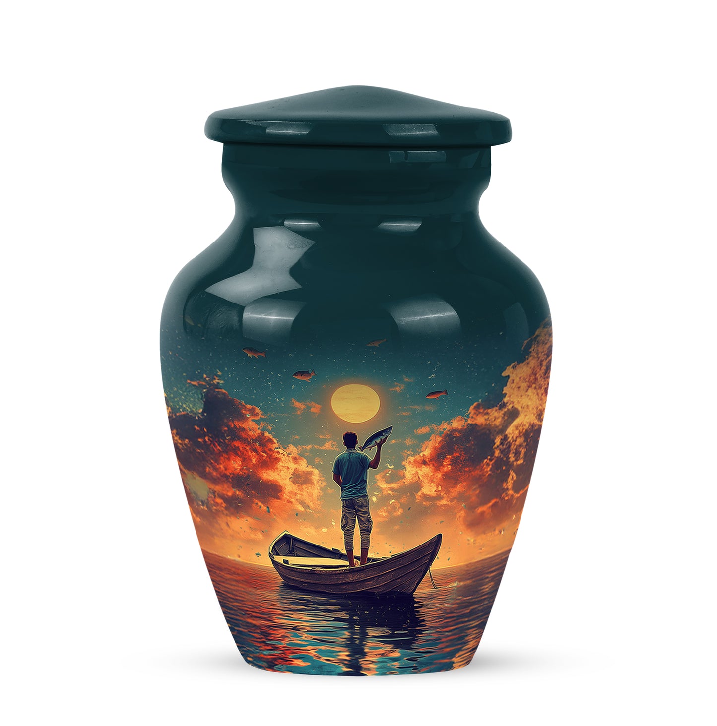 Teal Fishing Cremation Urns - Glorious Sentinel 10-inch, 200 cu in - Yatskia