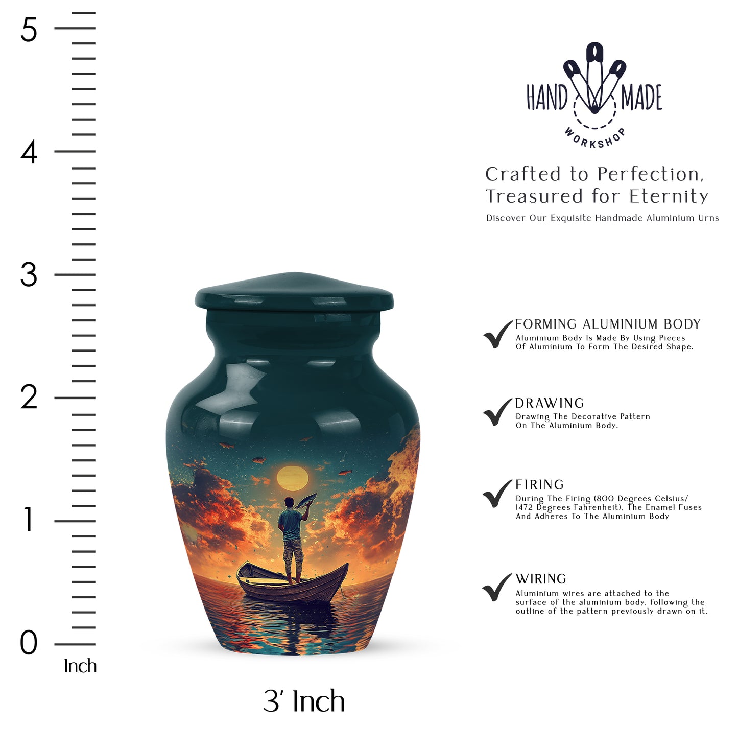 Deep Teal Fishing Cremation Urn close-up of engraving and surface detail - traditional fishing engraving with hand-polished finish - mini keepsake memorial for portion of cremation ashes