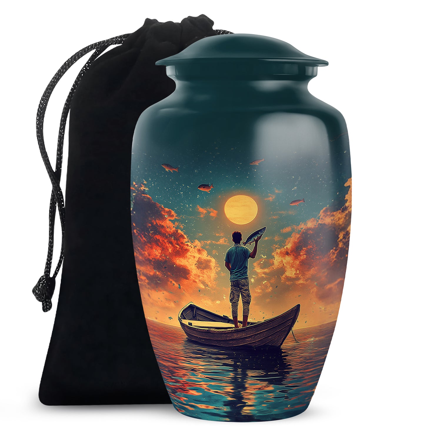 Jewel Teal Fishing Cremation Urn angled view of lid and engraved motif - classic sculpted fishing pattern on smooth aluminum - full-size 10 inch 200 cubic inch adult cremation urn