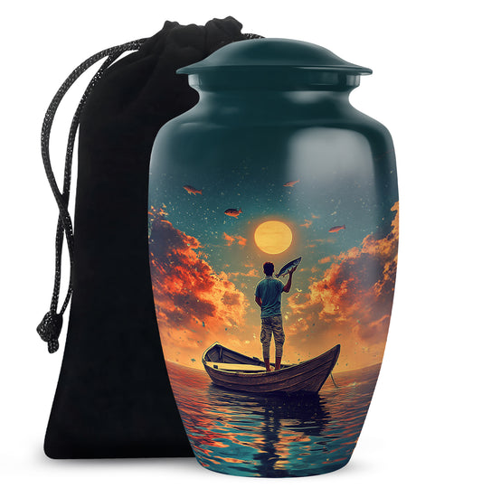 Jewel Teal Fishing Cremation Urn angled view of lid and engraved motif - classic sculpted fishing pattern on smooth aluminum - full-size 10 inch 200 cubic inch adult cremation urn