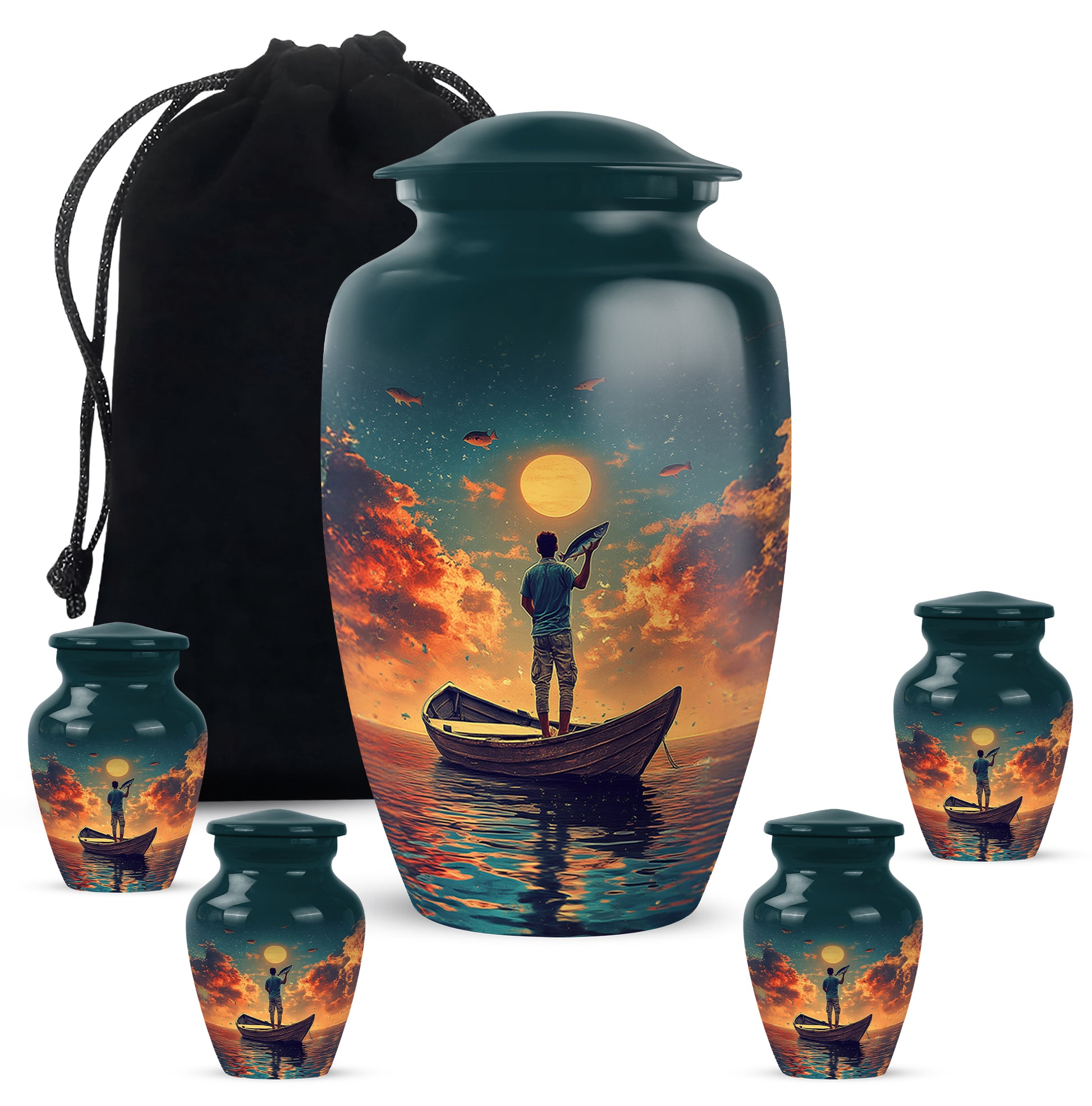Ocean Teal Fishing Cremation Urn top-down view of secure threaded lid - classic sculpted fishing pattern on smooth aluminum - memorial set with one large and four small urns
