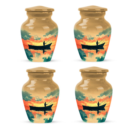 Matte Gold Fishing Cremation Urn side profile showing urn shape - elegant classic fishing relief with fine detailing - 10 inch aluminum urn for cremated remains
