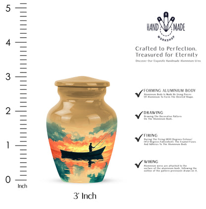 Gilded Gold Fishing Cremation Urn close-up of engraving and surface detail - timeless fishing motif etched into premium metal - mini keepsake memorial for portion of cremation ashes