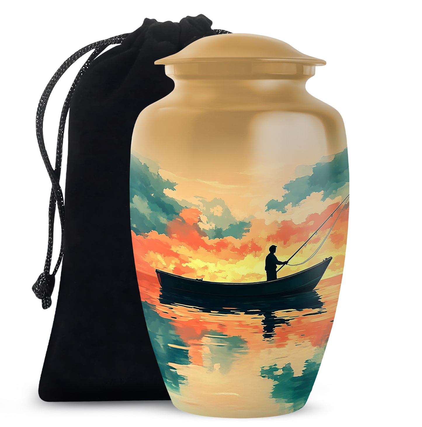 Harvest Gold Fishing Cremation Urn angled view of lid and engraved motif - traditional fishing engraving with hand-polished finish - full-size 10 inch 200 cubic inch adult cremation urn