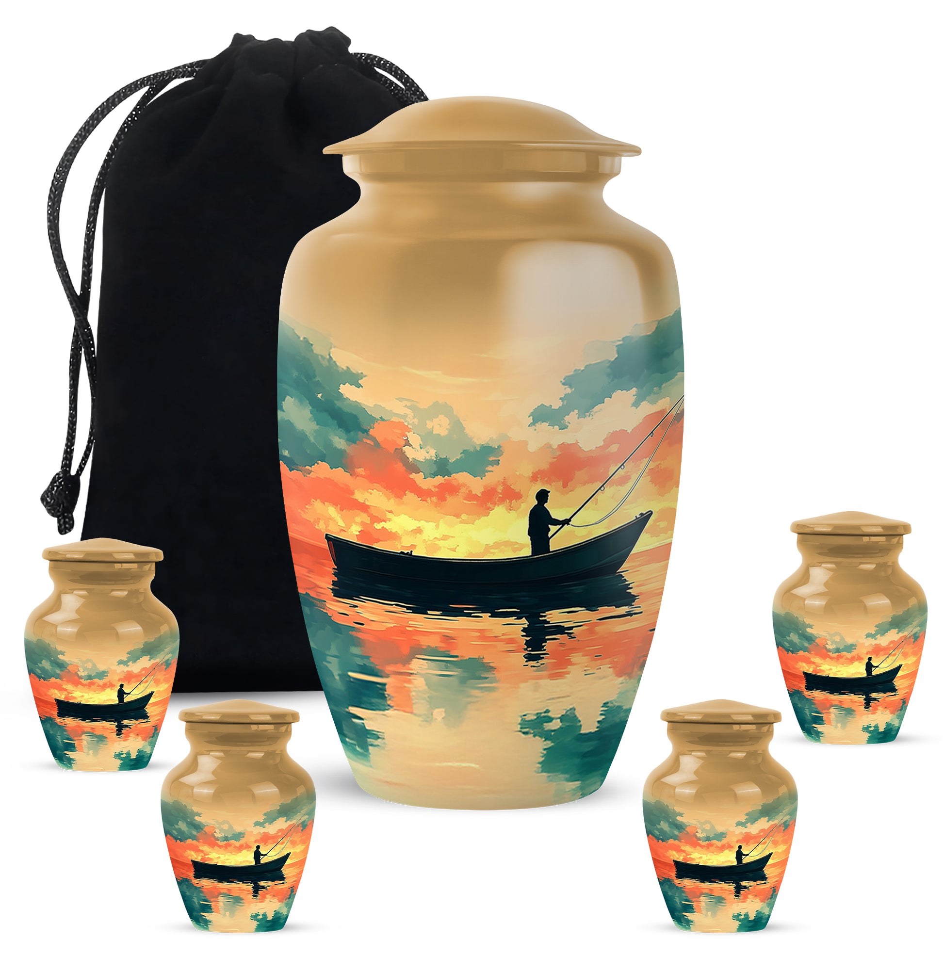 Sunrise Gold Fishing Cremation Urn top-down view of secure threaded lid - classic sculpted fishing pattern on smooth aluminum - memorial set with one large and four small urns