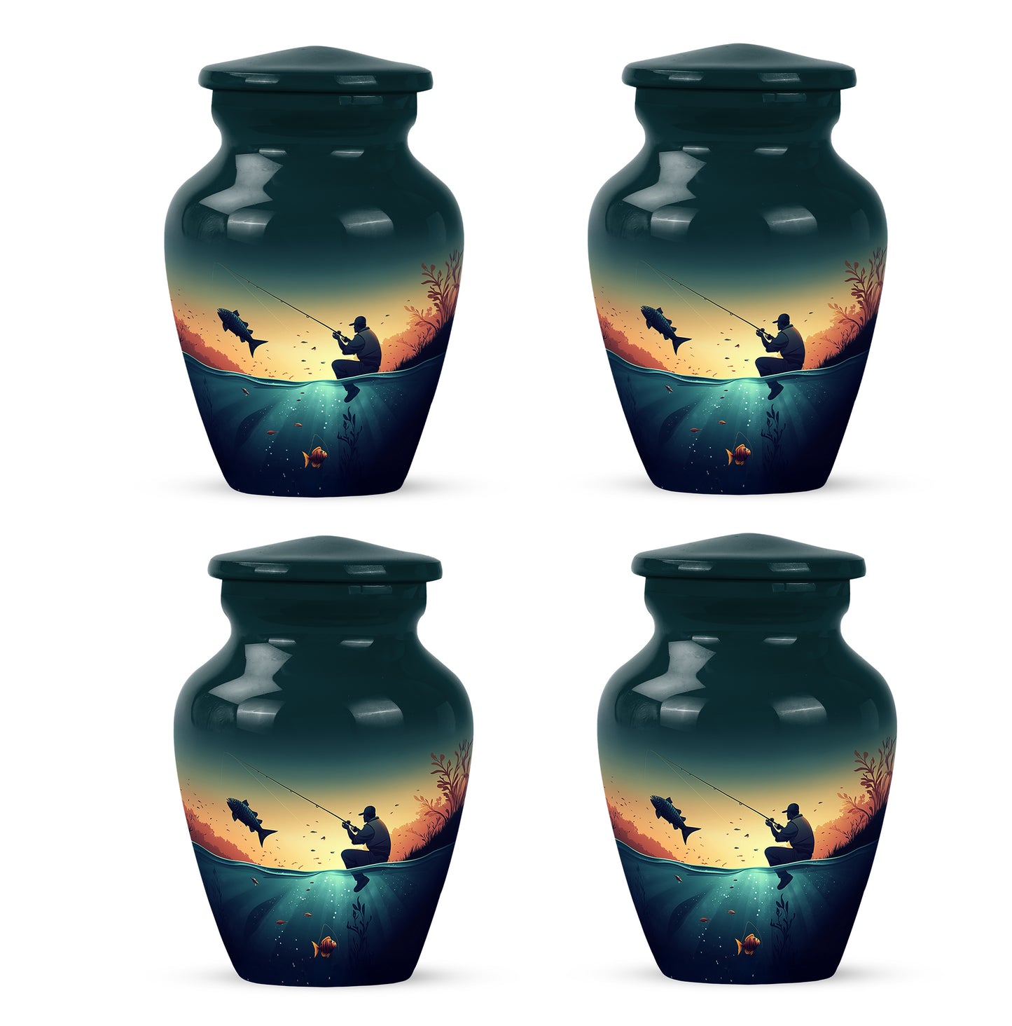 Ocean Teal Fishing Cremation Urn side profile showing urn shape - timeless fishing motif etched into premium metal - 10 inch aluminum urn for cremated remains