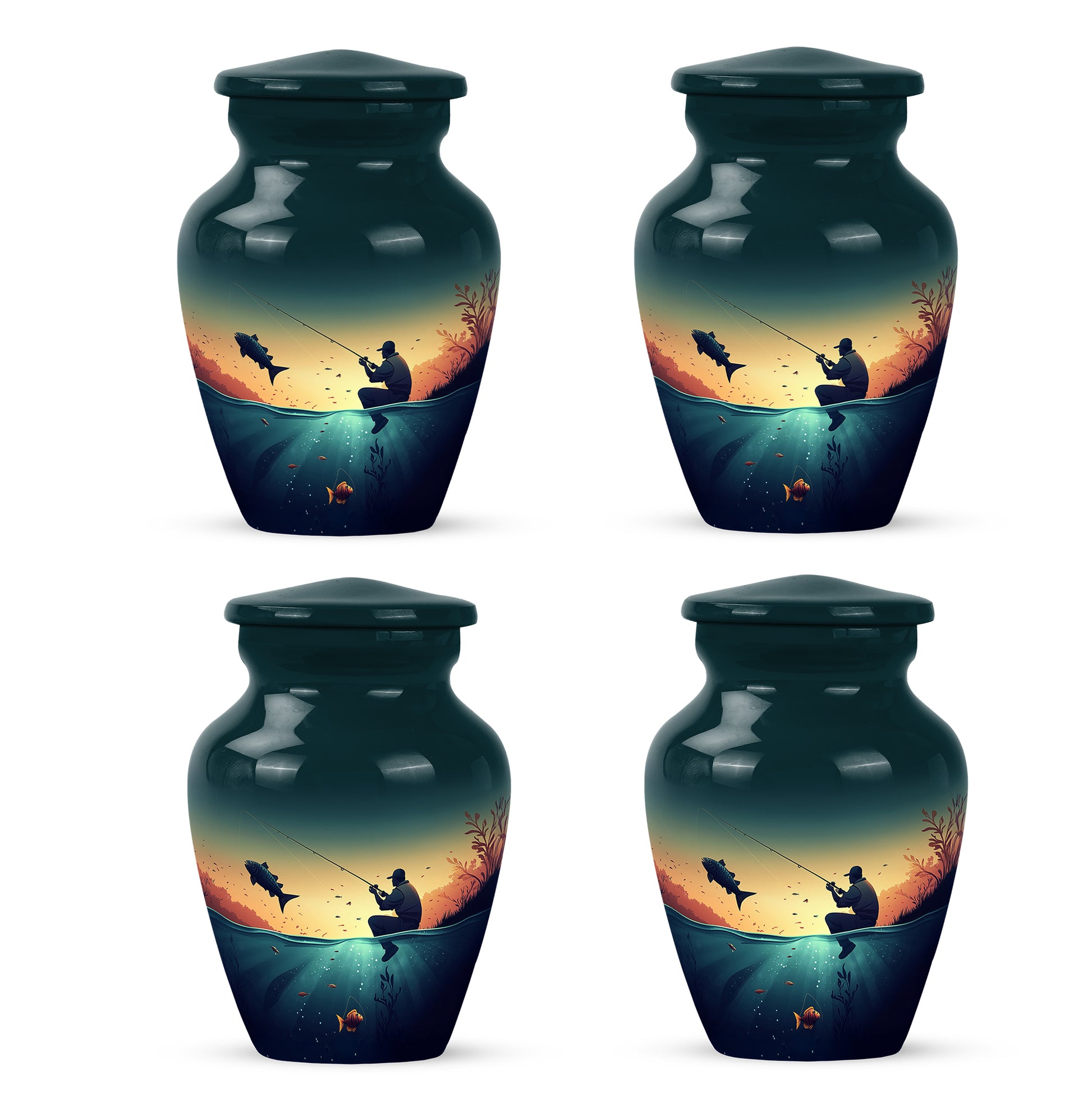 Ocean Teal Fishing Cremation Urn side profile showing urn shape - timeless fishing motif etched into premium metal - 10 inch aluminum urn for cremated remains