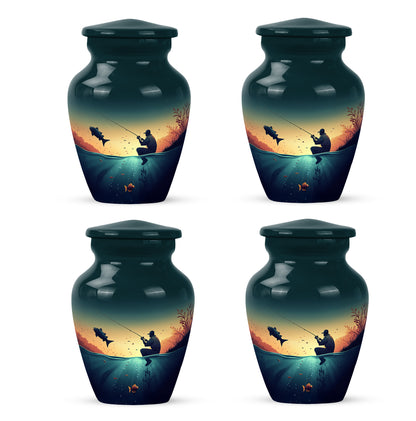 Ocean Teal Fishing Cremation Urn side profile showing urn shape - timeless fishing motif etched into premium metal - 10 inch aluminum urn for cremated remains