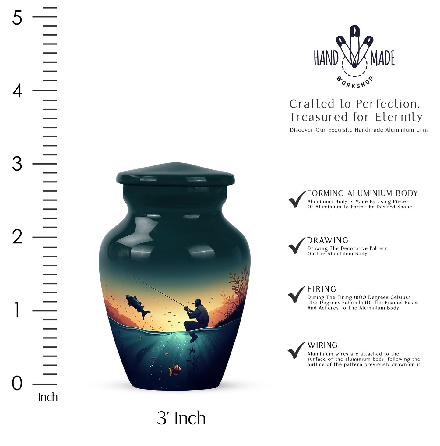 Soft Teal Fishing Cremation Urn close-up of engraving and surface detail - classic sculpted fishing pattern on smooth aluminum - mini keepsake memorial for portion of cremation ashes