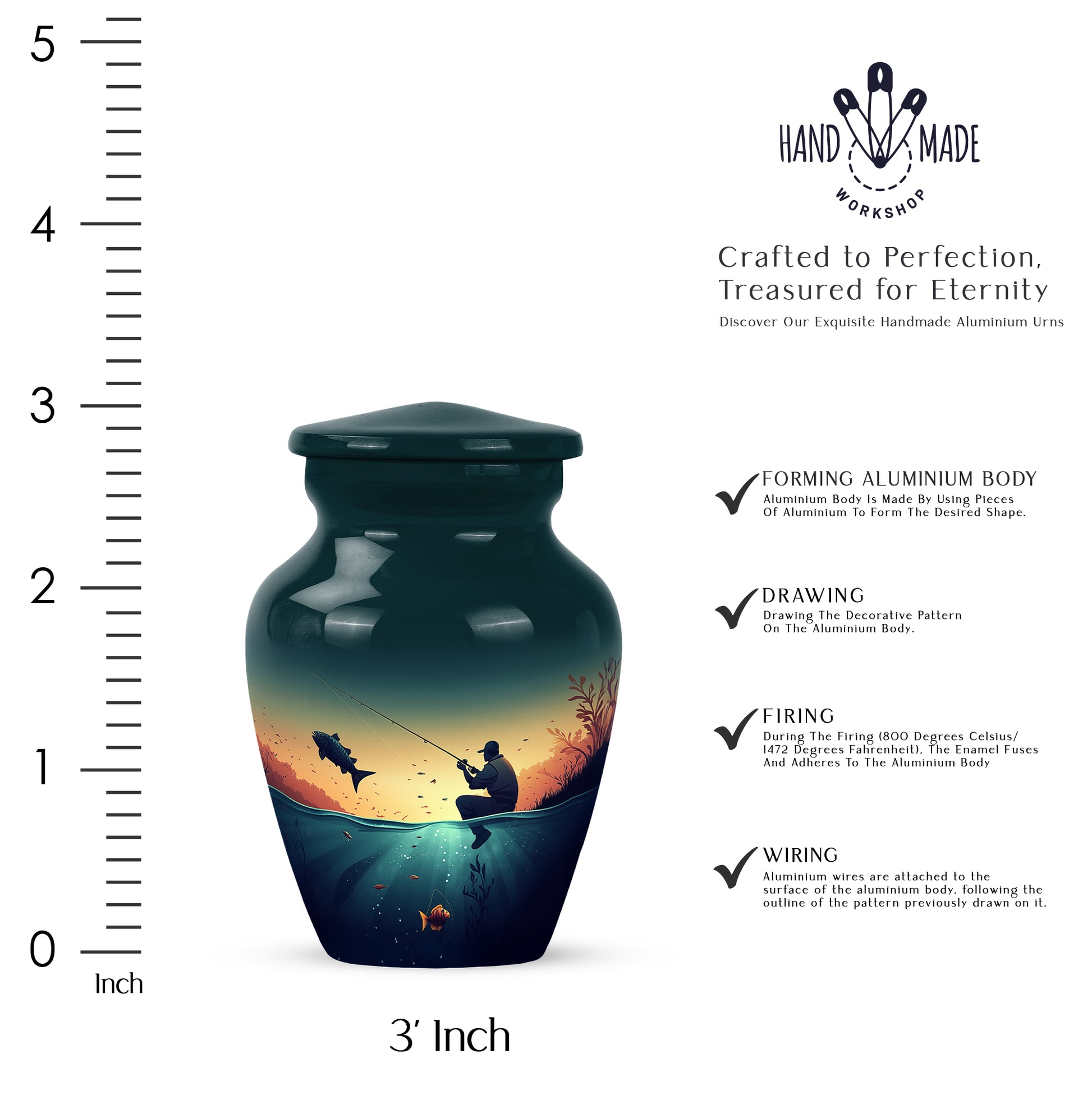 Soft Teal Fishing Cremation Urn close-up of engraving and surface detail - classic sculpted fishing pattern on smooth aluminum - mini keepsake memorial for portion of cremation ashes