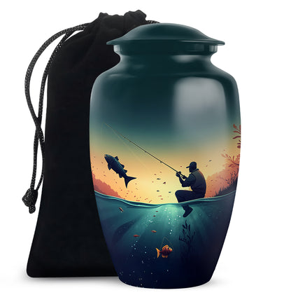 Ocean Teal Fishing Cremation Urn angled view of lid and engraved motif - timeless fishing motif etched into premium metal - full-size 10 inch 200 cubic inch adult cremation urn