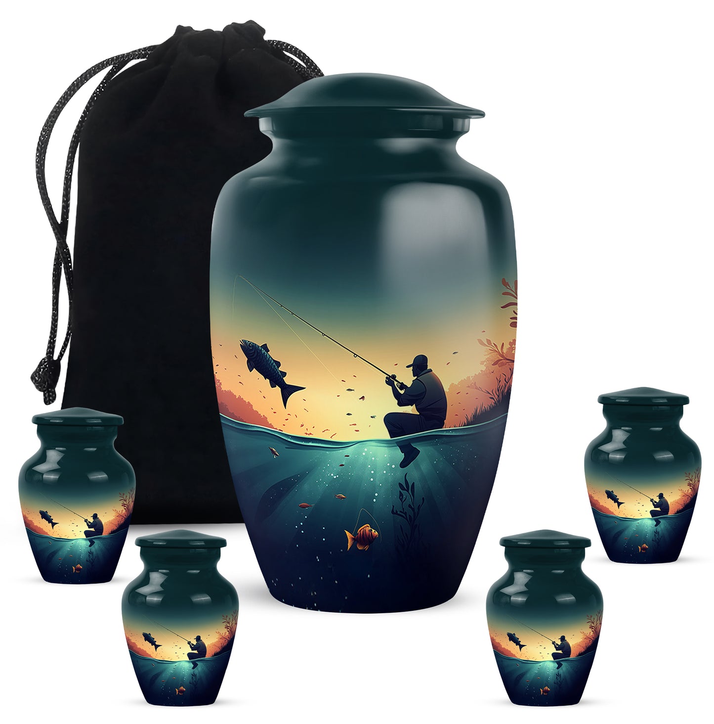 Tropical Teal Fishing Cremation Urn top-down view of secure threaded lid - traditional fishing engraving with hand-polished finish - memorial set with one large and four small urns