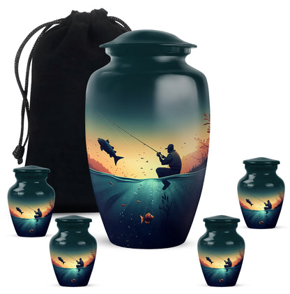 Tropical Teal Fishing Cremation Urn top-down view of secure threaded lid - traditional fishing engraving with hand-polished finish - memorial set with one large and four small urns