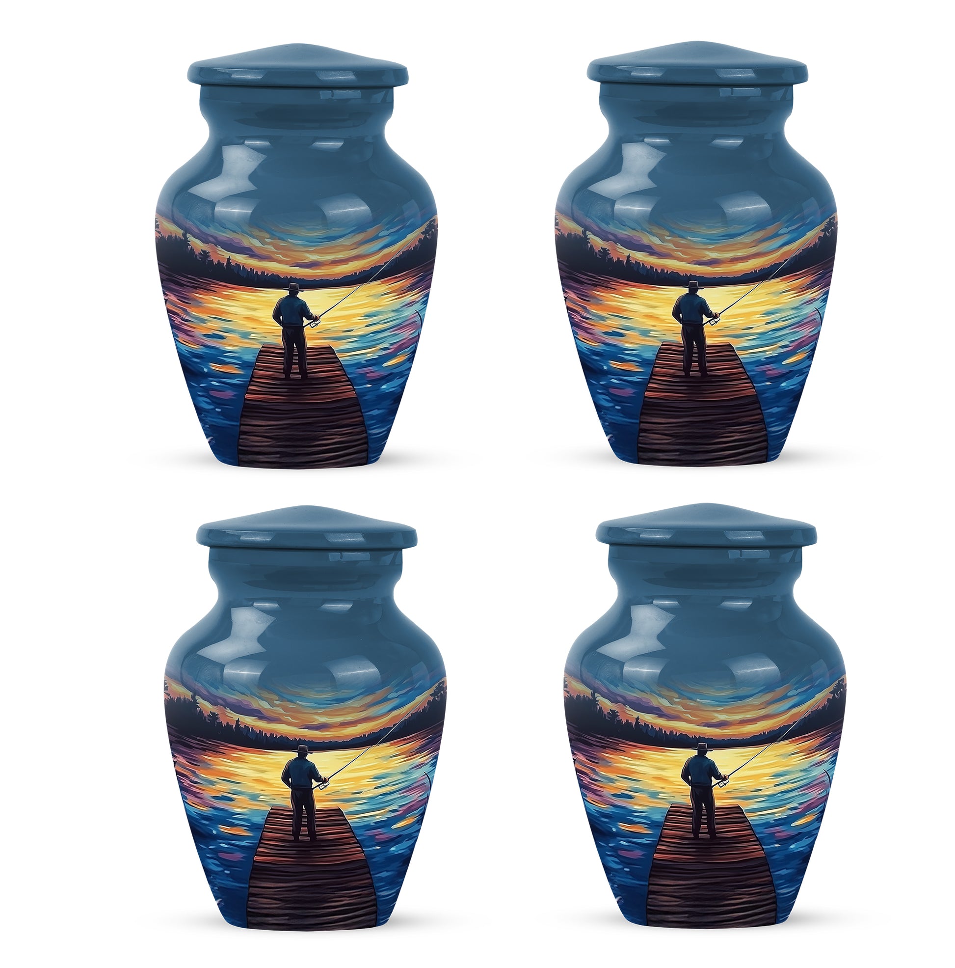 Soft Blue Fishing Cremation Urn side profile showing urn shape - traditional fishing engraving with hand-polished finish - 10 inch aluminum urn for cremated remains