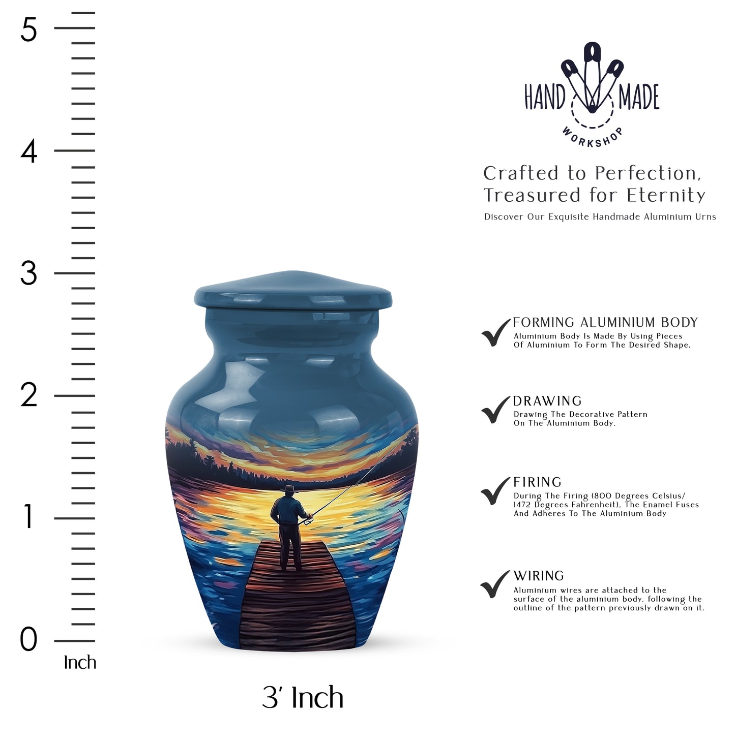 Sapphire Blue Fishing Cremation Urn close-up of engraving and surface detail - elegant classic fishing relief with fine detailing - mini keepsake memorial for portion of cremation ashes