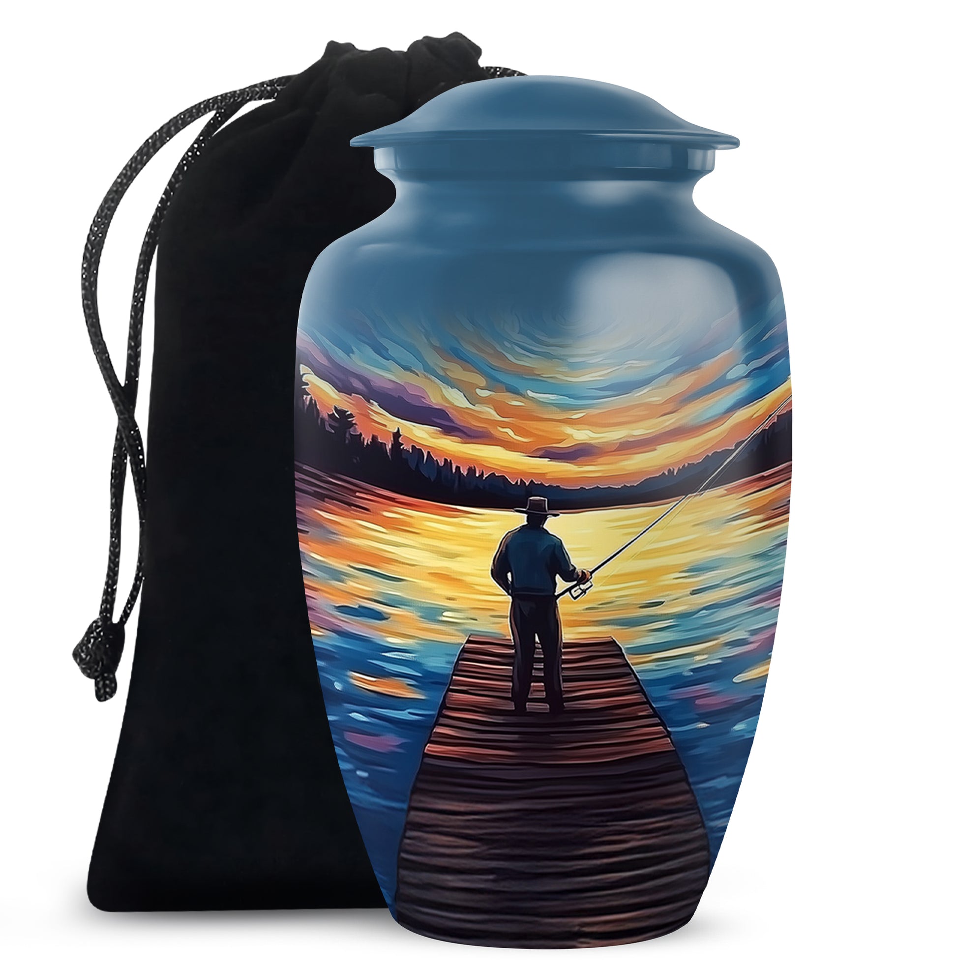 Soft Blue Fishing Cremation Urn angled view of lid and engraved motif - traditional fishing engraving with hand-polished finish - full-size 10 inch 200 cubic inch adult cremation urn