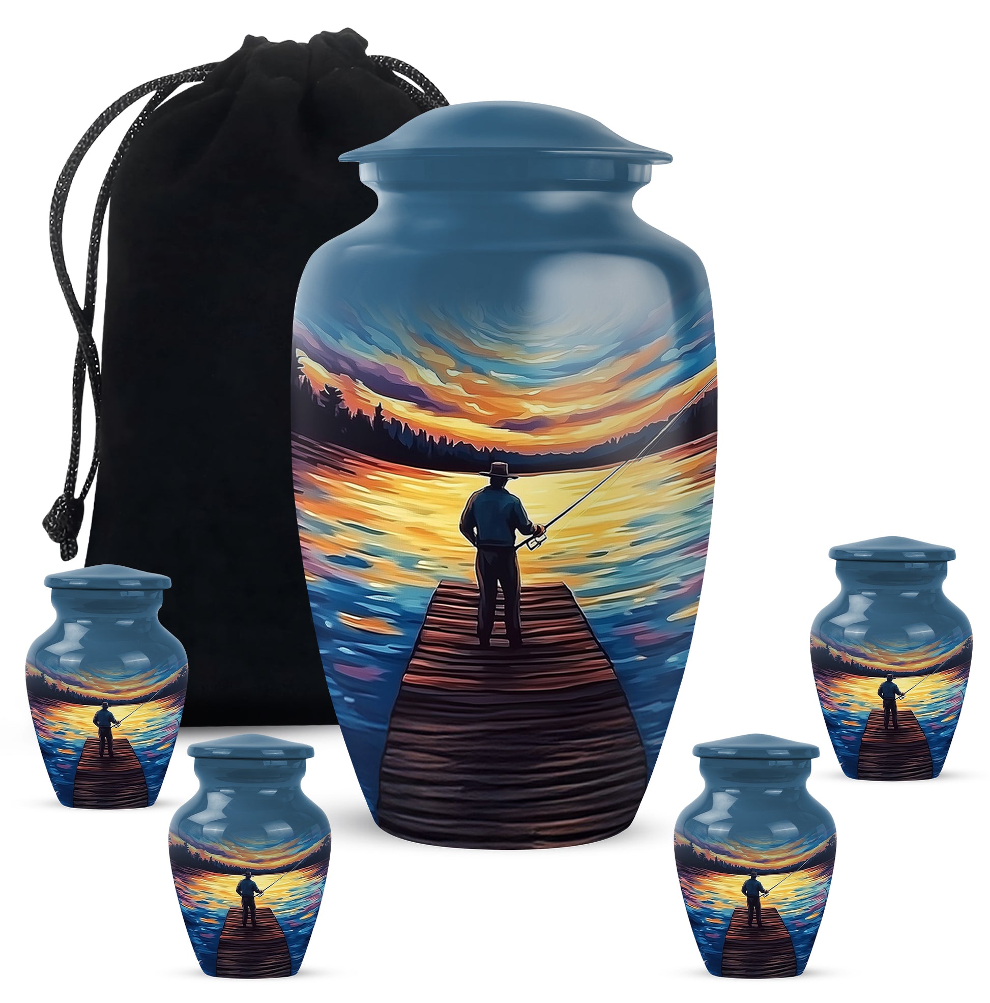 Icy Blue Fishing Cremation Urn top-down view of secure threaded lid - classic sculpted fishing pattern on smooth aluminum - memorial set with one large and four small urns