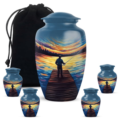 Icy Blue Fishing Cremation Urn top-down view of secure threaded lid - classic sculpted fishing pattern on smooth aluminum - memorial set with one large and four small urns