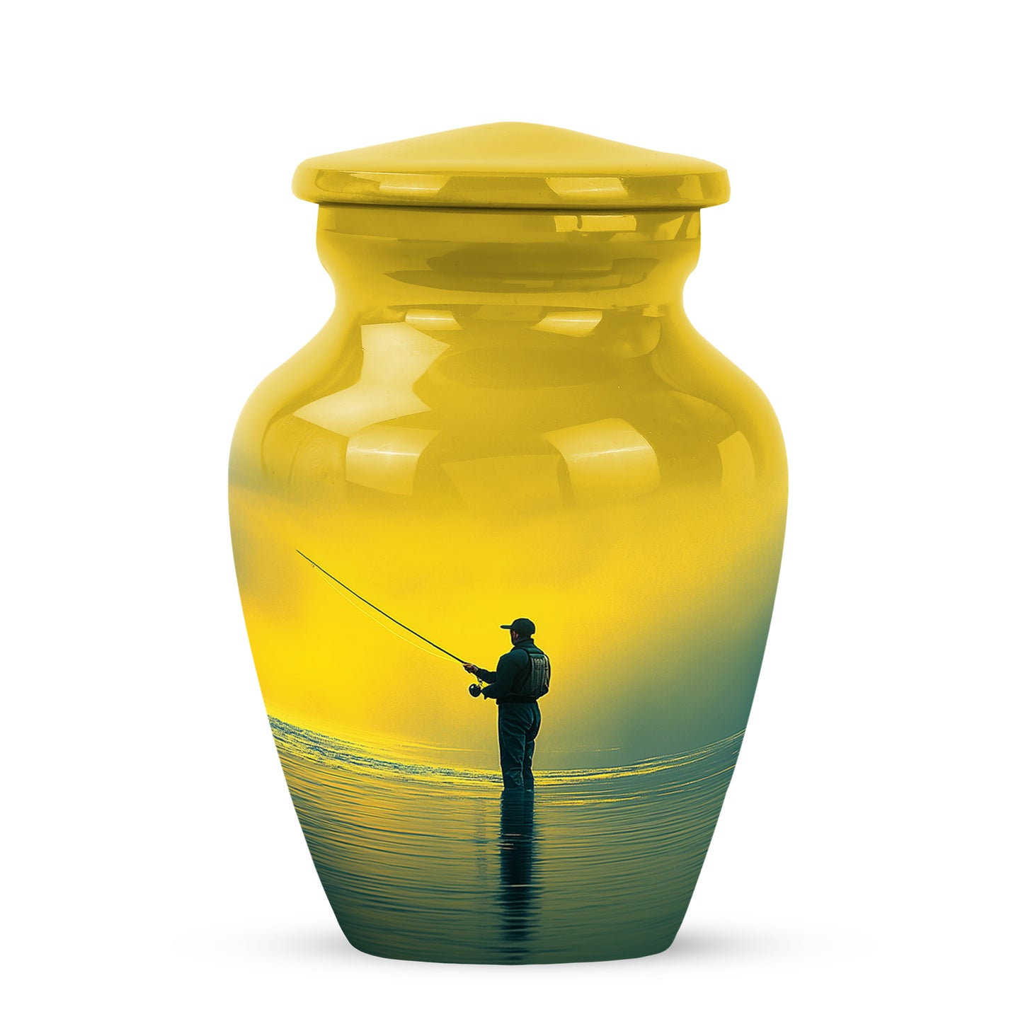 Resplendent Gold Fishing Cremation Urn for Ashes - 10-inch, 200 cu in - Yatskia