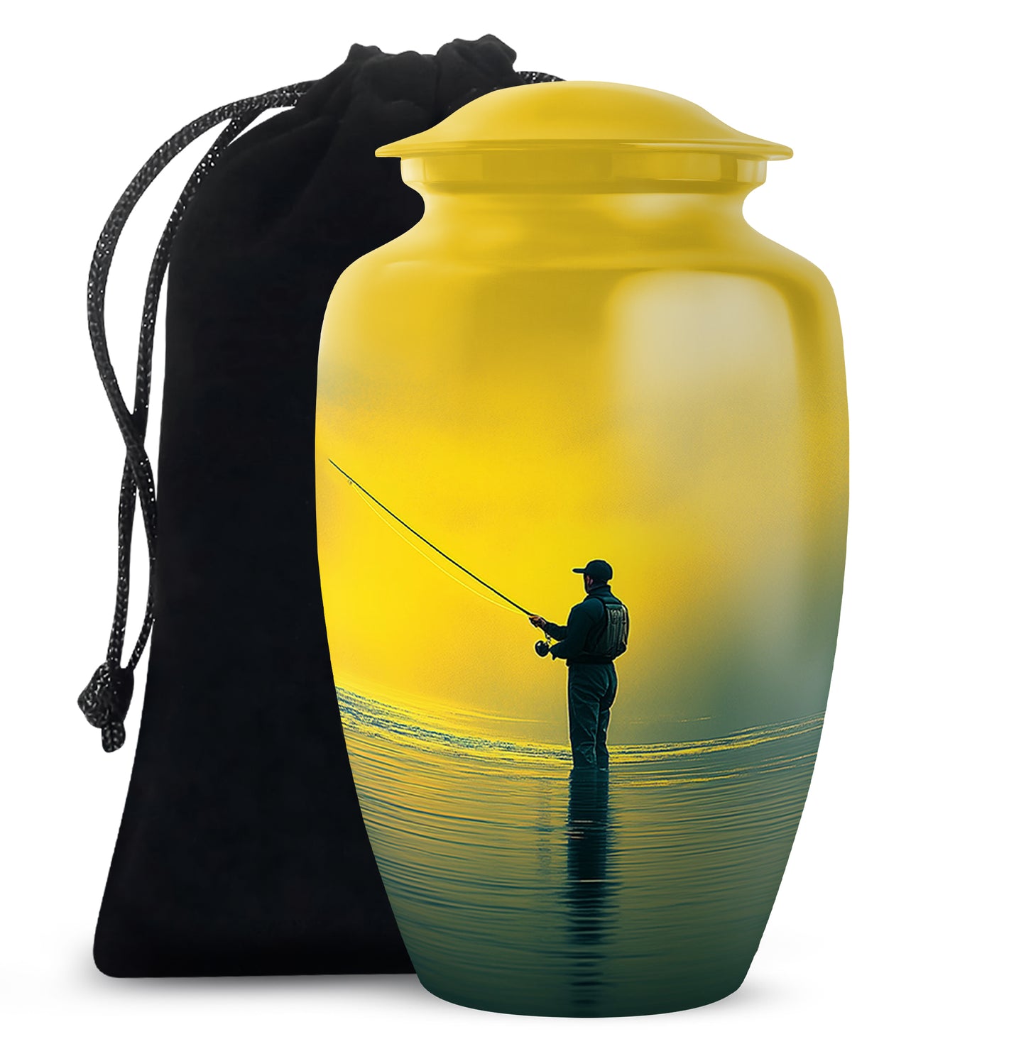Harvest Gold Fishing Cremation Urn angled view of lid and engraved motif - elegant classic fishing relief with fine detailing - full-size 10 inch 200 cubic inch adult cremation urn