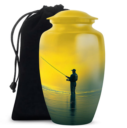 Harvest Gold Fishing Cremation Urn angled view of lid and engraved motif - elegant classic fishing relief with fine detailing - full-size 10 inch 200 cubic inch adult cremation urn