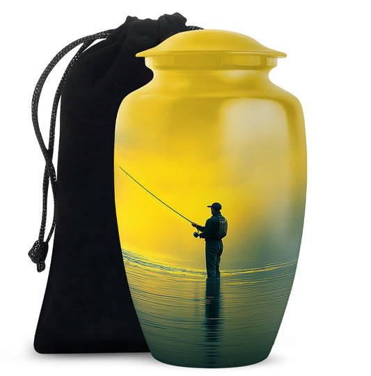 Harvest Gold Fishing Cremation Urn angled view of lid and engraved motif - elegant classic fishing relief with fine detailing - full-size 10 inch 200 cubic inch adult cremation urn