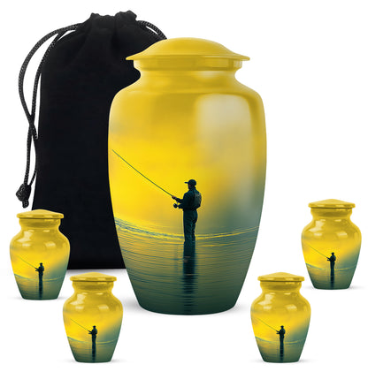 Harvest Gold Fishing Cremation Urn top-down view of secure threaded lid - traditional fishing engraving with hand-polished finish - memorial set with one large and four small urns
