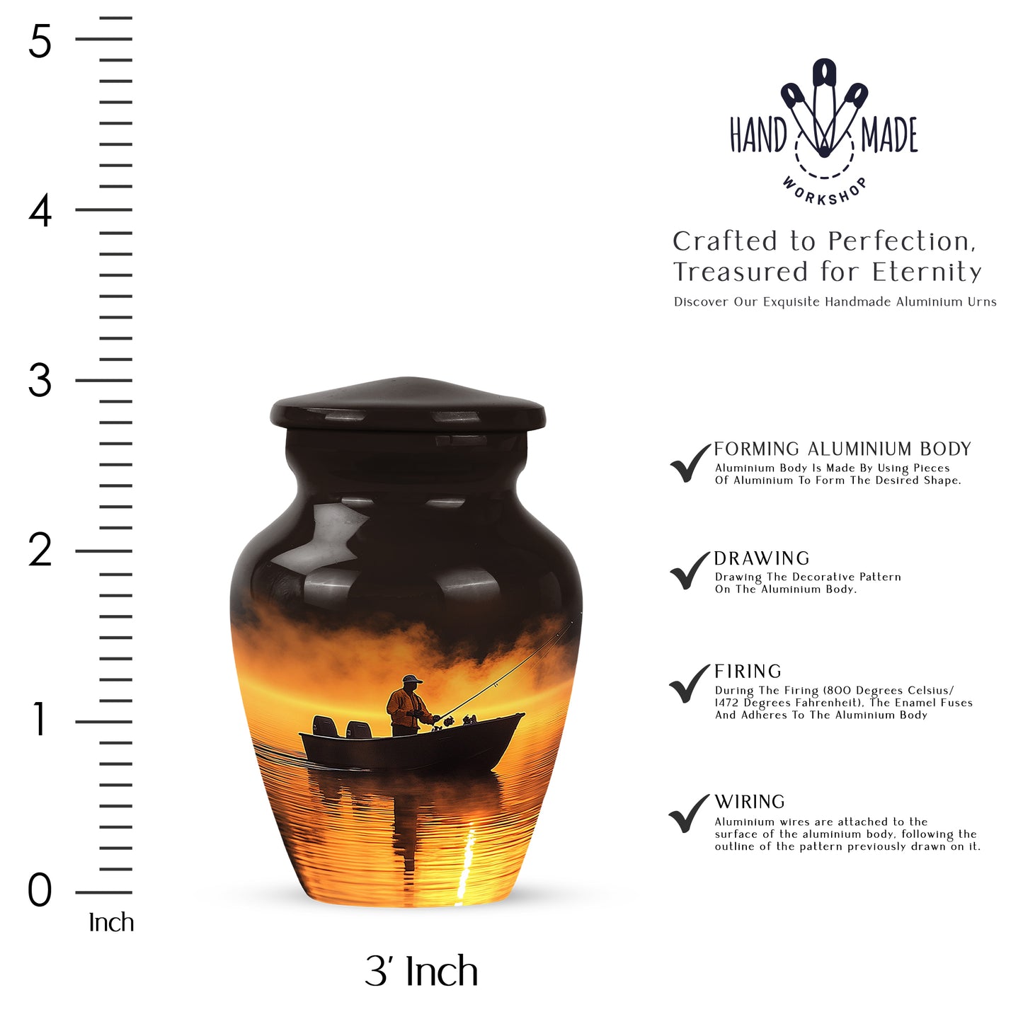 Crimson Red Fishing Cremation Urn close-up of engraving and surface detail - classic sculpted fishing pattern on smooth aluminum - mini keepsake memorial for portion of cremation ashes
