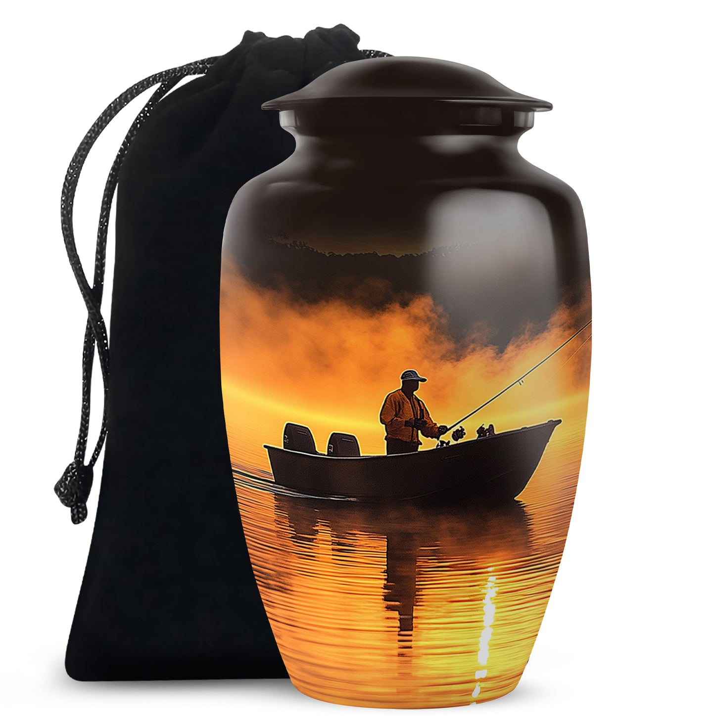 Garnet Red Fishing Cremation Urn angled view of lid and engraved motif - classic sculpted fishing pattern on smooth aluminum - full-size 10 inch 200 cubic inch adult cremation urn