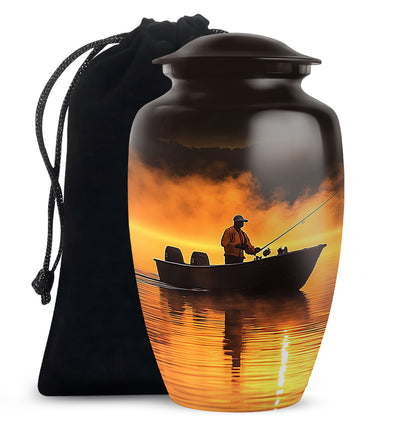 Garnet Red Fishing Cremation Urn angled view of lid and engraved motif - classic sculpted fishing pattern on smooth aluminum - full-size 10 inch 200 cubic inch adult cremation urn