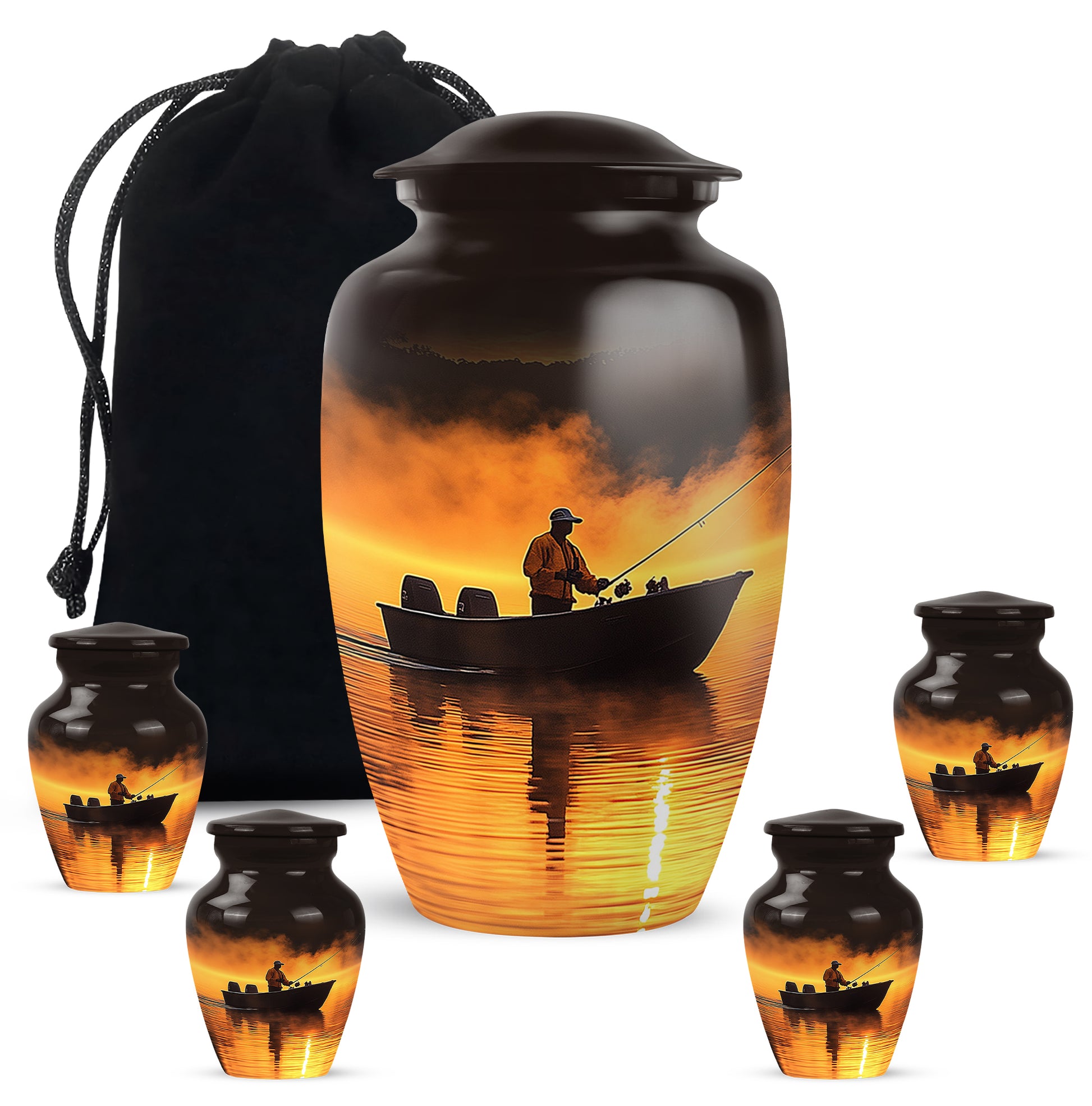 Fiery Red Fishing Cremation Urn top-down view of secure threaded lid - traditional fishing engraving with hand-polished finish - memorial set with one large and four small urns
